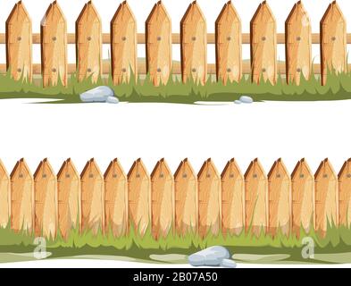 Wooden fences with grass and stones. Seamless vector cartoon background, Fence for country house illustration Stock Vector