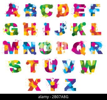 Letters alphabet painted by color splashes vector font. Abc watercolor illustration Stock Vector