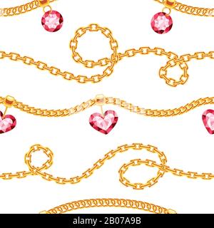 Golden chains with gemstones jewels vector seamless pattern. Luxury precious necklace with gemstone illustration Stock Vector