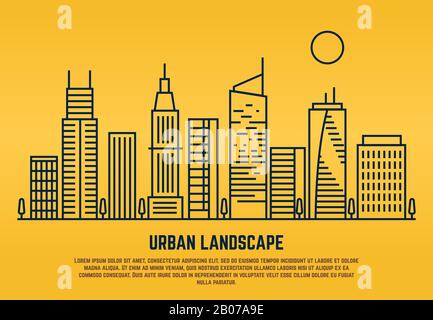 Urban landscape in line vector style. Building architecture linear illustration Stock Vector