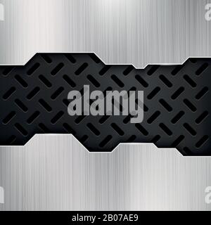 Industrial grunge metal, steel wall, gatel vector background. Silver panel with black perforated surface illustration Stock Vector