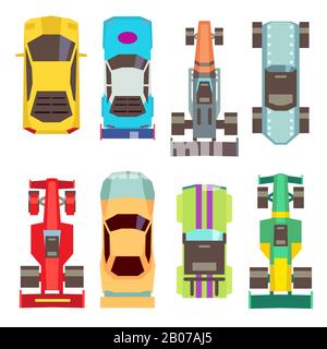 Sport race cars top view flat vector icons. Speed transport for competition illustration Stock Vector