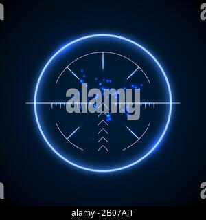 Accurate sniper scope, neon luminous target vector illustration. Military aiming and targeting optical Stock Vector