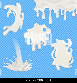 Realistic milk, yogurt, cream splashes, pouring and blots vector set isolated on transparent checkered background. Milk drink product illustration Stock Vector