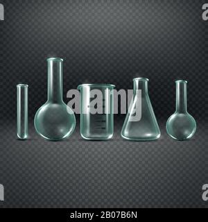 Chemical realistic test tubes vector set. Beaker glass for analysis and medicine experiment illustration Stock Vector