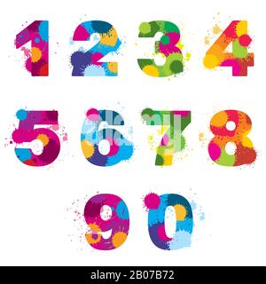 Vector numbers painted by colorful splashes. Rainbow arithmetic signs illustration Stock Vector
