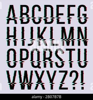 Glitch style, old television screen distortion effect english vector type, font, typeface letters. Alphabet with noise on screen illustration Stock Vector