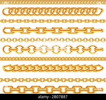 Realistic gold necklace chains vector brushes set. Golden metal chain link for decoration illustration Stock Vector
