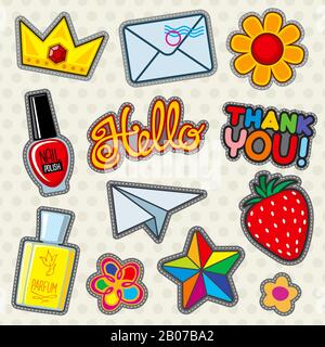 Fashion patches vector icons. Fruit and colorful elements badge illustration Stock Vector