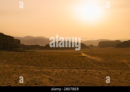 Wadi Rum desert landscape in the evening time Stock Photo