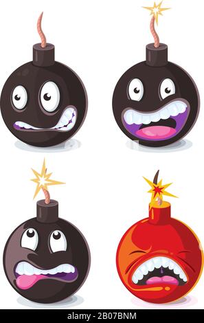 Funny cartoon wicked bombs emoji vector illustration. Animation character bomb Stock Vector