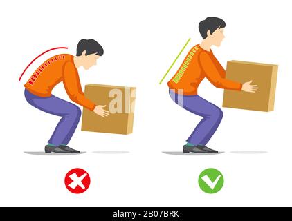 Correct and wrong technique to lift heavy object. Healthcare vector infographics. Manually to correct hard work with weight illustration Stock Vector