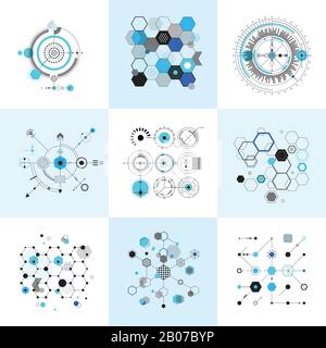 Honeycomb and circular bauhaus abstract geometric shapes set. Modernistic circle elements. Vector illustration Stock Vector