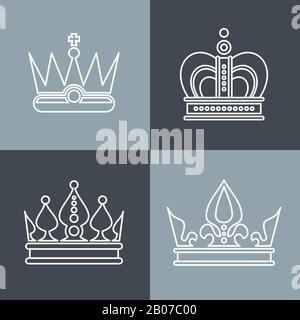 White line crown icons on gray background. Set of linear crowns. Vector illustration Stock Vector