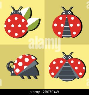 Ladybug icons in applacation style on yellow background. Vector illustration Stock Vector