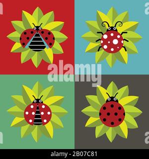 Ladybugs in green leaves isolated on color background. Vector illustration Stock Vector