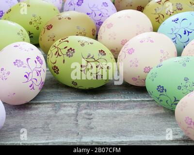 3D rendering of Easter eggs placed on wooden rustic surface Stock Photo