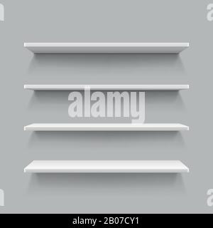 Empty white shop shelf, retail shelves from plywood frame, realistic bookshelf rectangle, 3d store wall display vector illustration Stock Vector