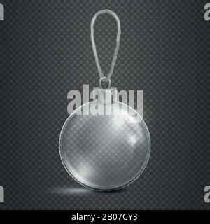 Clear transparent glass christmas toy ball isolated on checkered background vector illustration. Glass decoration sphere for new year and xmas Stock Vector