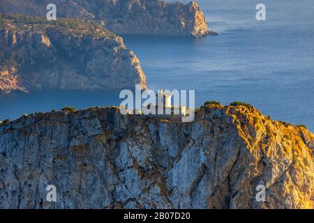 former lighthouse Far de Na Popia on Sa Dragonera, 04.01.2020, aerial view, Spain, Balearic Islands, Majorca, Sa Dargonera Stock Photo