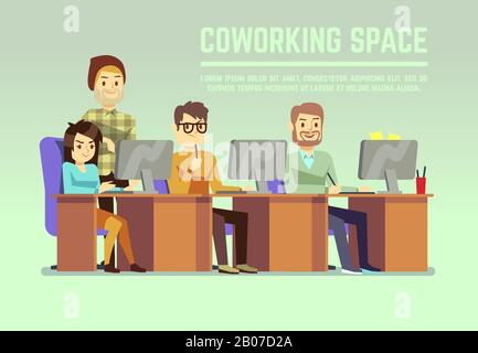 Graphic design team working in agency office with laptops vector illustration. Programming on computer in office Stock Vector