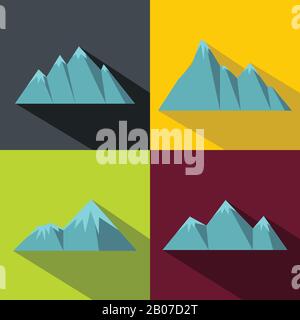 Mountain blue icons with long shadow on color background. Climbing logo with mountain. Vector illustration Stock Vector