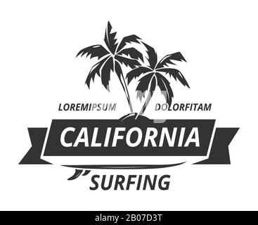 Surfing logo with palm tree. Exotic tropical nature, vector illustration Stock Vector