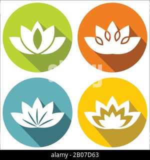 White flat flowers with long dark shadow. Floral blossom in circle, vector illustration Stock Vector