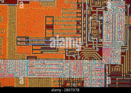 surface of a microchip, Differential interference contrast picture, silicon wafer Stock Photo