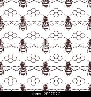 Bee and honey vector seamless background in brown over white illustration Stock Vector