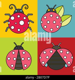 Ladybug icons with black stroke on color background. Vector illustration Stock Vector