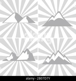 Mountain gray icons on striped background. Mountaineering and climbing emblems. Vector illustration Stock Vector
