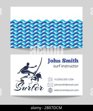 Surf instructor business card both sides template. Company surfing business. Vector illustration Stock Vector