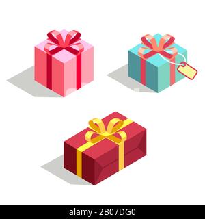 Set of gift box 3d isometric. Isolated cardboard boxes. Vector illustration Stock Vector
