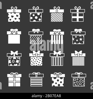 Gift boxes vector icons set in black and white. Christmas package to celebration illustration Stock Vector