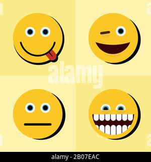 Emoji, emoticons icons on yellow background with black shadow. Face character for chat, vector illustration Stock Vector