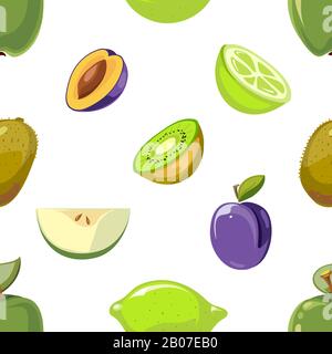 Green and blue fruits seamless pattern over white background. Kiwi and plum, vector illustration Stock Vector