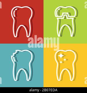 Tooth white line icons on color background. Dental medicine and health care. Vector illustration Stock Vector