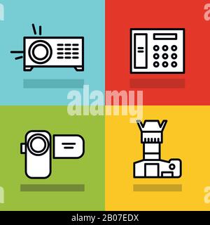 Household appliances icons with black stroke on color background. Photo and video camera. Vector illustration Stock Vector