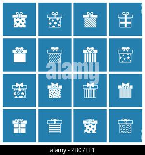 Gift boxes vector icons set in white blue color. Birthday and christmas illustration Stock Vector