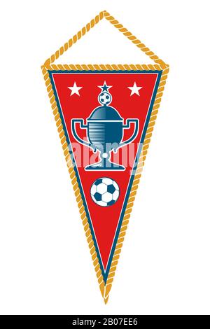 Red triangle soccer pennant with ball and cup isolated on white background Stock Vector
