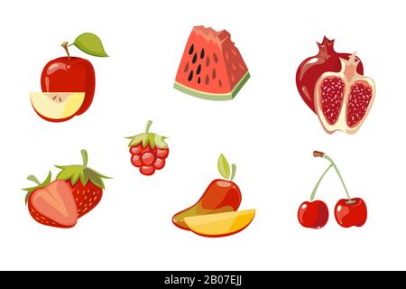 Vector red fruits collection isolated over white. Fresh healthy food illustration Stock Vector