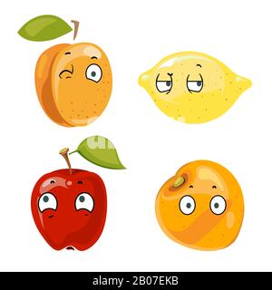 Peach lemon apple and orange faces. Happy characters, vector illustration Stock Vector