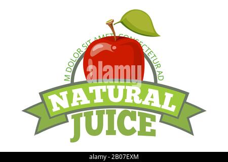 Natural apple juice logo, label or badge with ribbon. Vector illustration Stock Vector