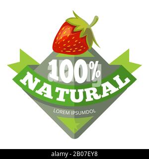 Organic natural fruits logo, label, badge with red strawberry. Vector illustration Stock Vector