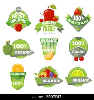 Set of organic natural fruits labels. Apple cherry and strawberry. Vector illustration Stock Vector