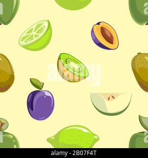 Green and blue fruits seamless pattern over white background. Kiwi and plum, vector illustration Stock Vector
