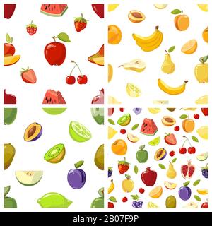 Set of vector fruits seamless patterns background. Kiwi plum and cherry illustration Stock Vector