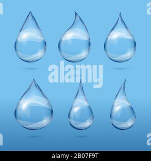 Set of realistic transparent water drops. Fresh droplet clear, vector illustration Stock Vector