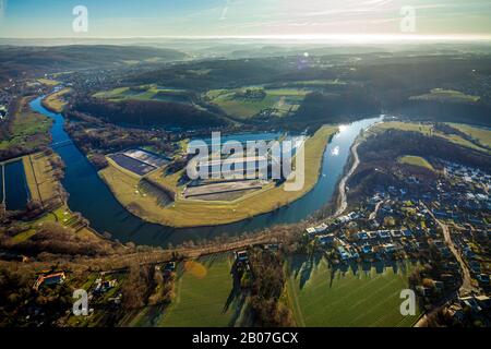 Aerial photograph, river Ruhr, Ruhr loop, water basin of Wasserwerke Westfalen GmbH, Bommern, Witten, Ennepe-Ruhr district, Ruhr area, North Rhine-Wes Stock Photo